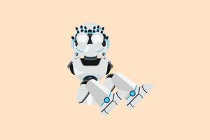 Business flat cartoon style drawing depressed robot feeling sad with holding head and sit on the floor. Frustrated cyborg. Modern robotic artificial intelligence. Graphic design vector illustration