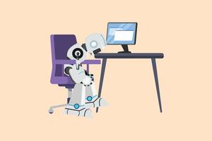 Business flat cartoon style drawing depressed robot sitting with head on computer desk. Exhausted cyborg. Robotic artificial intelligence. Electronic technology. Graphic design vector illustration