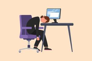 Business design drawing depressed businesswoman sitting with head on computer desk. Exhausted female manager in office. Frustrated worker mental health problems. Flat cartoon style vector illustration