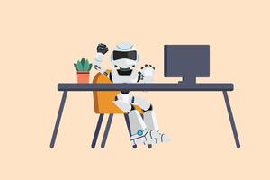 Business design drawing happy robot sitting on workplace with raised one hand high and raised the other. Future technology development. Artificial intelligence. Flat cartoon style vector illustration