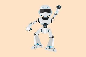 Business flat drawing happy robot jump with folds one leg and raises one hand. Winning business project. Humanoid cybernetic organism. Future robotic development. Cartoon design vector illustration