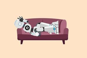 Business design drawing depressed robot tired rest on sofa. Frustrated worker holding head lying on sofa. Future technology development. Artificial intelligence. Flat cartoon style vector illustration