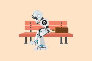 Business flat drawing depressed robot sitting at bench park alone. Cyborg suffering from depression. Humanoid robot cybernetic organism. Future robotic development. Cartoon design vector illustration