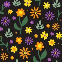 Retro botanical seamless pattern with vintage flowers in style 60s, 70s on black background. Naive art print. Trendy vector illustration