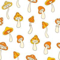 Cute seamless pattern with groovy mushrooms isolated on a white background. Retro hippie vintage print in style 70s, 80s. Vector illustration