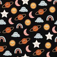 Colorful seamless pattern of funny cartoon icons sun, cloud, moon, planet and rainbow isolated on black background. Cute vector characters illustration