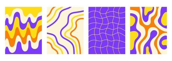 Retro set wavy abstract vertical backgrounds in style hippie 60s, 70s. Trendy collection groovy distorted checkered and waves templates. Yellow, orange and purple colors. Vector illustration