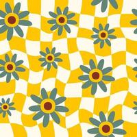 Abstract seamless pattern with vintage groovy flowers on checkered background. Retro vector background in style 60s, 70s