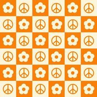 Checkerboard seamless pattern with geometric shaped flowers and peace symbols. Trendy vector background in retro style 60s, 70s.