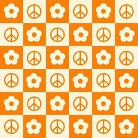 Checkerboard seamless pattern with geometric shaped flowers and peace symbols. Trendy vector background in retro style 60s, 70s.