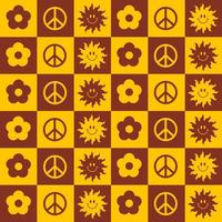 Retro square seamless pattern with hippie elements and symbols on checkerboard. Vector colorful illustration in style 70s, 80s. Yellow and brown colors