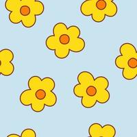 Cute abstract seamless pattern with yellow groovy daisies on a blue background. Minimalistic simple trendy kids design. Vector cartoon illustration