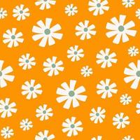 Groovy minimal seamless pattern with white daisies on a orange background in style 70s, 80s. Trendy graphic print. Naive art. Vector illustration