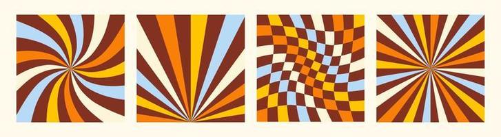 Bright abstract set backgrounds with sunburst, wavy checkerboard and swirled radial striped design. Trendy vector retro illustration in style 70s, 80s