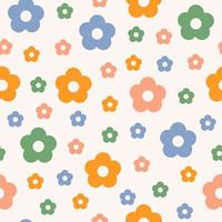 Abstract seamless pattern with colorful vintage groovy daisy flowers on pastel background. Retro vector background in style 60s, 70s