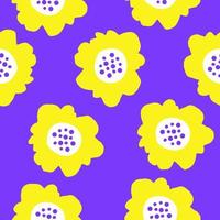 Abstract simple botanical seamless pattern with big yellow flowers on a blue background. Naive minimal art print. Trendy vector illustration.