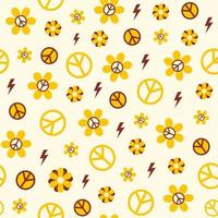 Floral seamless pattern with hippie retro elements on a pastel background. Trendy vector groovy design in style 60s, 70s