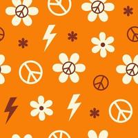 Floral seamless pattern with hippie retro elements on a terracotta background. Trendy vector groovy design in style 60s, 70s