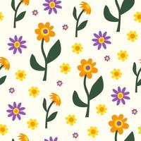 Retro botanical seamless pattern with vintage flowers on a light background. Naive art print. Trendy vector illustration.