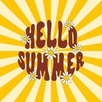 Hello Summer text with cute daisy flowers on a sun burst background. Groovy retro illustration in style 60s, 70s. Trendy vector illustration