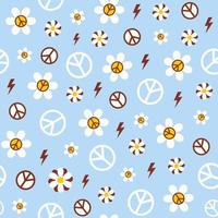 Floral seamless pattern with hippie retro elements on a blue background. Trendy vector aesthetic groovy design in style 60s, 70s