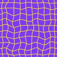 Minimalistic bright checkered seamless pattern with yellow wavy distorted grid on a purple background. Vector linear geometric background