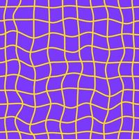 Minimalistic bright checkered seamless pattern with yellow wavy distorted grid on a purple background. Vector linear geometric background