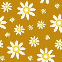 Retro seamless pattern of colorful hippie daisy flowers on a mustard background. Vintage festive groovy botanical design. Trendy vector illustration in 70s and 80s style.