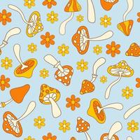 Floral hippie seamless pattern with mushrooms and daisy flowers on a blue background. Groovy retro vintage print in style 70s, 80s. Vector illustration