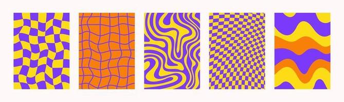 Retro set wavy abstract vertical backgrounds in style hippie 60s, 70s. Trendy collection groovy distorted checkered and waves templates. Yellow, orange and purple colors. Vector illustration