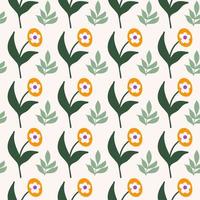 Retro botanical seamless pattern with vintage flowers in style 60s, 70s. Naive art print. Trendy vector illustration.