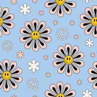 Retro groovy seamless pattern with cute smiling flowers and peace symbols on blue background. Colorful trendy vector illustration in style 70s, 80s