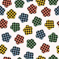 Retro groovy daisy flowers print with checkered background. Abstract seamless pattern in style 60s, 70s. Vector illustration