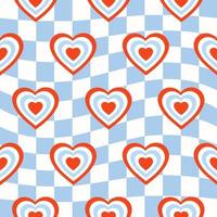 Seamless pattern with hearts shaped tunnel on a blue checkered background. Modern retro hippie illustration for decoration. Aesthetic vector print in style 60s, 70s