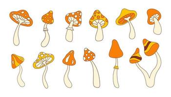 Retro set groovy mushrooms isolated on white background. Trendy hippie vector illustration in style 60s, 70s