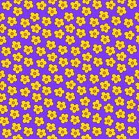 Retro seamless pattern of small scattered hippie daisy flowers on a purple background. Vintage festive groovy botanical design. Trendy vector illustration in 70s and 80s style