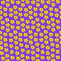 Retro seamless pattern of small scattered hippie daisy flowers on a purple background. Vintage festive groovy botanical design. Trendy vector illustration in 70s and 80s style