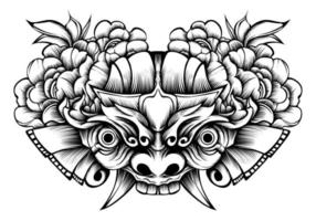 máscara oni con diseño de ilustración de tatuaje de flor vector
