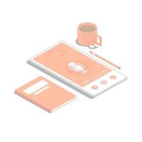 diseño isométrico, aplicación de podcast en smartphone con taza de café, elementos de libro y lápiz, ilustración de marketing digital. vector