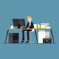 hombre de negocios que usa una computadora portátil en el escritorio con servidor, gabinete, café y libro, ilustración de marketing digital. vector