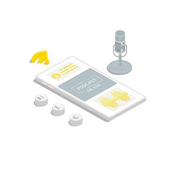 Isometric design, Podcast application on smartphone with microphone, symbol wifi and button elements, Digital marketing illustration vector