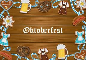 oktoberfest poster with gingerbread cookies and ribbon on wooden background vector