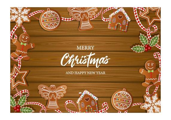 christmas background with gingerbread cookies and ribbon