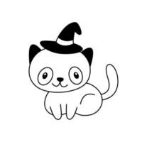Doodle Cute Halloween Cat with Witch Hat on Head Cartoon Smiling Kitten lies Childish Festive Design Element Outline Sketch vector