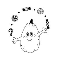 Doodle Cartoon Pumpkin Juggles Sweets Childish Festive Cute Halloween Design Element Outline vector