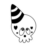 Doodle Cute Skull with Festive Cap Childish Cartoon Halloween Design Element Outline Sketch vector