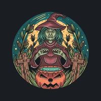 Witch granny making potions in a cornfield on Halloween vector