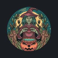 abuela bruja haciendo pociones en un maizal en halloween vector