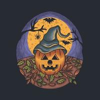 cabeza de calabaza con sombrero de bruja en halloween por la noche vector