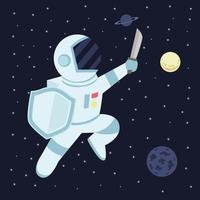 a cartoon astronaut carrying a sword and shield in the sky vector illustration